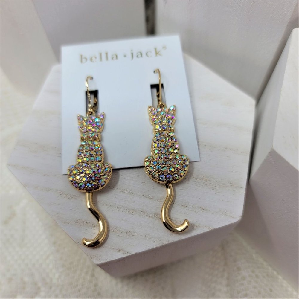 Bella Jack Rhinestone Kitty Cat Earrings NWT Gold Pierced - Picture 2 of 6